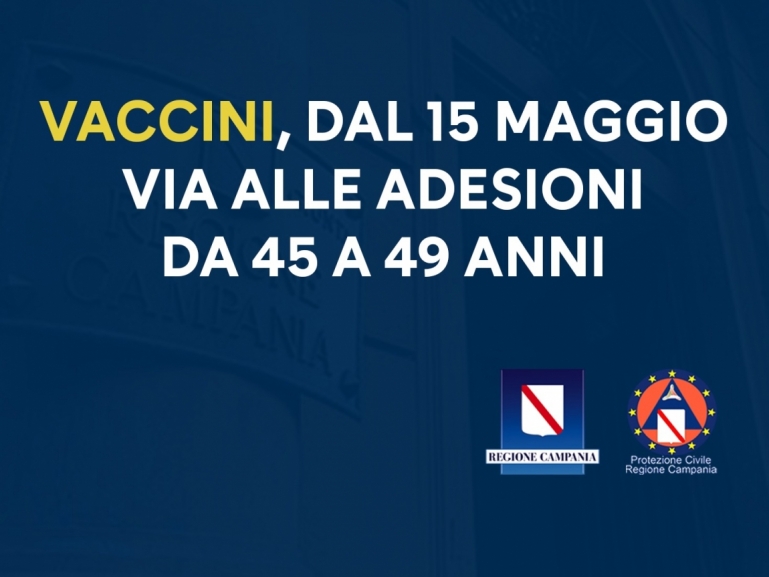 VACCINAZIONI, DA DOMANI APERTA PIATTAFORMA PER FASCIA 45-49 ANNI. DAL 18 MAGGIO VIA LIBERA PER FASCIA 40-44