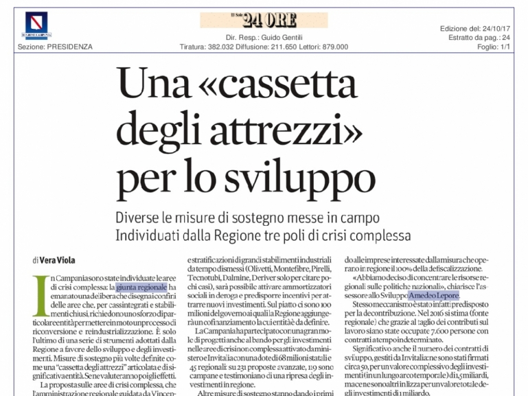 La Regione Campania e la sua "cassetta degli attrezzi " nell'articolo del SOLE 24 ORE  