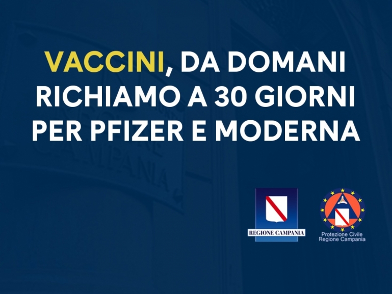 VACCINI, DA DOMANI IN CAMPANIA RICHIAMO A 30 GIORNI PER PFIZER E MODERNA