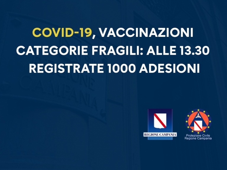 COVID-19, VACCINAZIONI CATEGORIE FRAGILI: ALLE 13.30 REGISTRATE 1000 ADESIONI