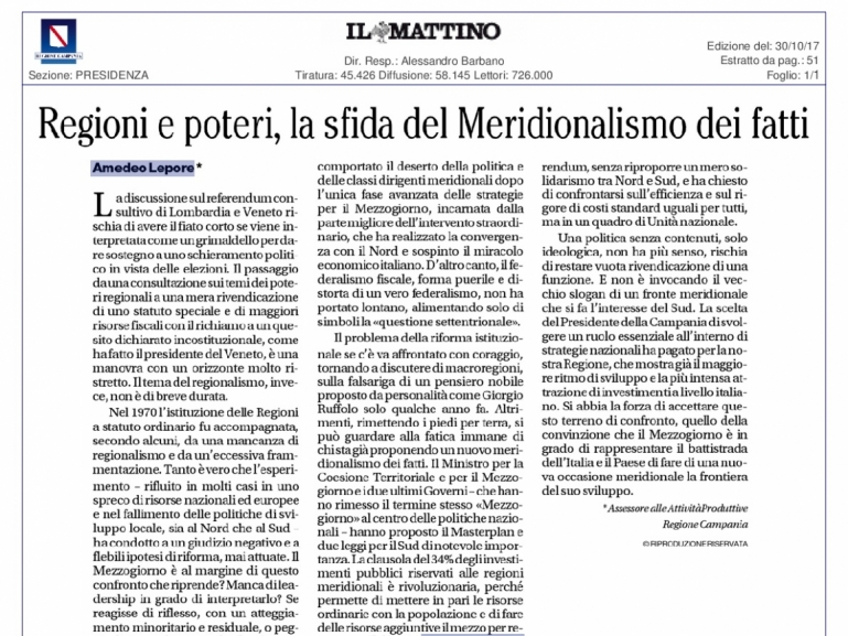 Autonomia delle Regioni: Il contributo dell'assessore Lepore sulle pagine de Il Mattino