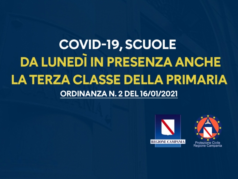 COVID-19, ORDINANZA n.2 del 16/01/2021: SCUOLE, DA LUNEDÌ IN PRESENZA ANCHE LA TERZA CLASSE DELLA PRIMARIA