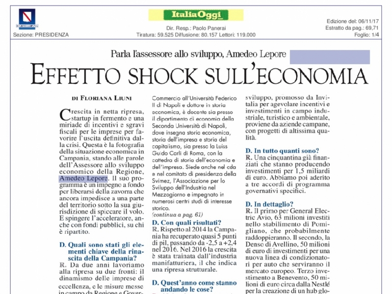 Speciale Italia Oggi: Regioni 4.0 , la Campania . Intervista all'assessore Lepore